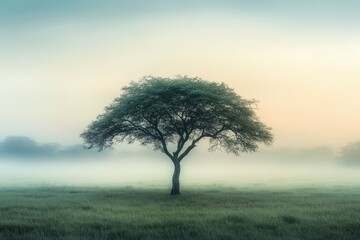 Obraz premium Single acacia tree standing alone in a vast open grassy field surrounded by soft morning fog and muted light, creating a peaceful minimalistic nature landscape composition