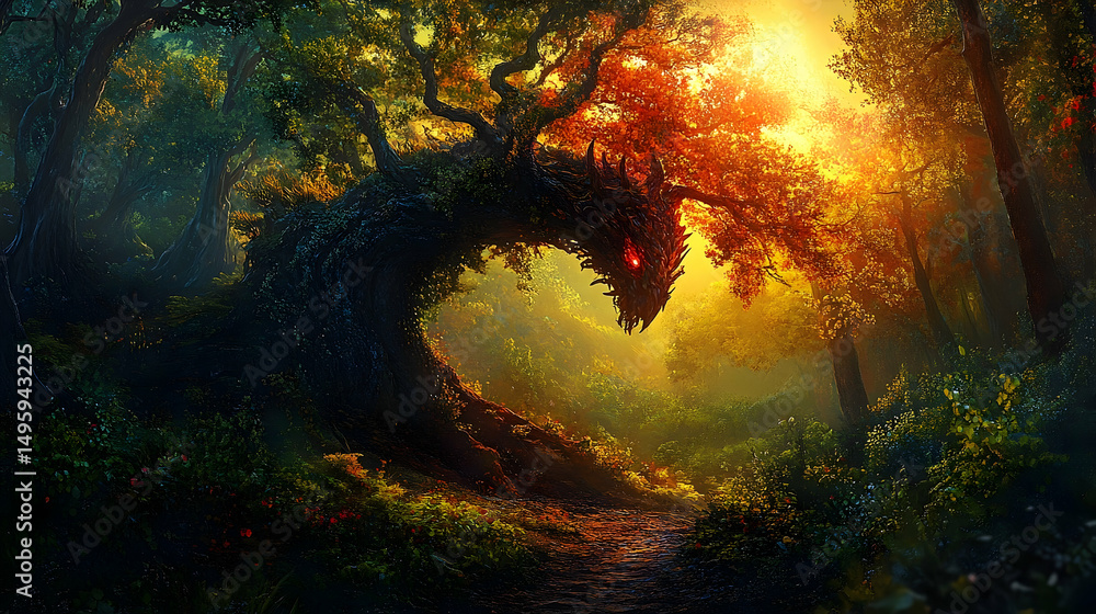 Poster enchanting forest path with a colossal tree dragon.