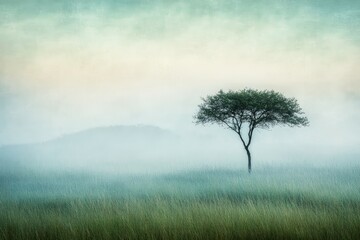 Fototapeta premium Single acacia tree standing alone in a vast open grassy field surrounded by soft morning fog and muted light, creating a peaceful minimalistic nature landscape composition