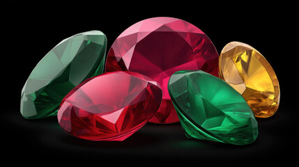 Fototapeta premium A beautiful collection of assorted colorful gemstones is displayed against a dark background, showcasing their brilliant cuts and sparkling surfaces and colors.