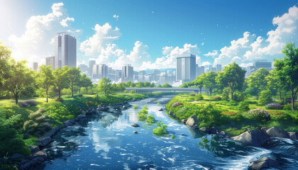 Urban illustration with lush trees, tall building anime, urban anime with tall buildings with healthy environment, lake on the edge of the city with tall buildings