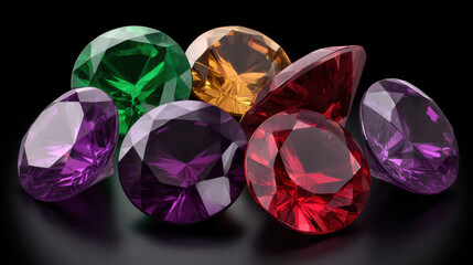 Fototapeta premium An exquisite assortment of vividly colored gemstones glistens brilliantly against the inky black backdrop, showcasing their unique cuts and refractive beauty.