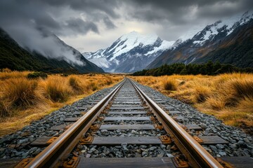 Fototapeta premium Railroad tracks leading into the distance toward majestic snow-covered mountains under a dramatic cloudy sky in a scenic landscape of wild grass and rugged natural beauty