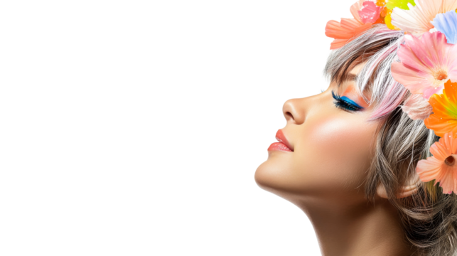 Profile of woman with floral headpiece, isolated, cut out transparent