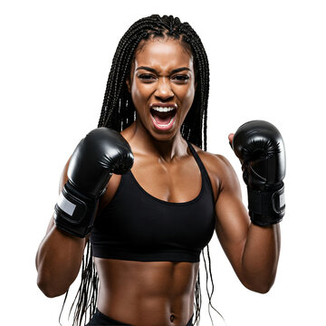 Fierce Black Woman Boxer Shouting, Studio Portrait