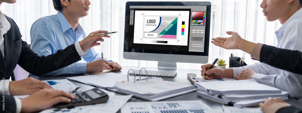 Poster business intelligence and data analysis concept. analyst team working on financial data analysis das