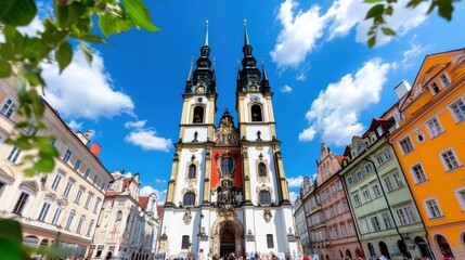Obraz premium Twin Spired Baroque Church in Vibrant City Square under Sunny Sky