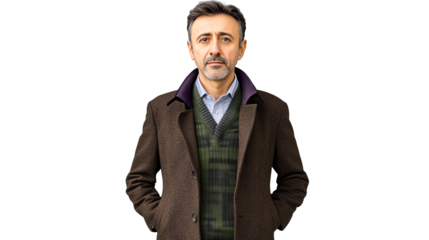 Serious adult man wearing coat, with hands in pockets, cut out transparent