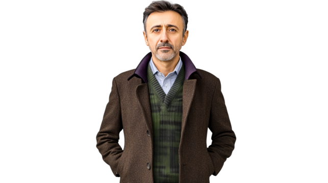 Serious adult man wearing coat, with hands in pockets, cut out transparent