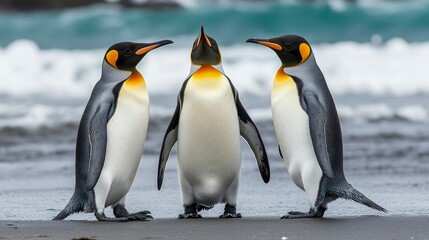 Fototapeta premium Three King Penguins on a Beach in Antarctica