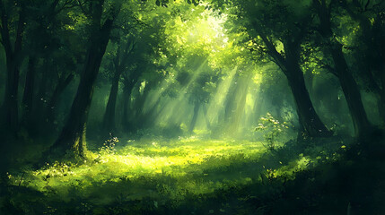 Sunlight streams through a lush green forest.
