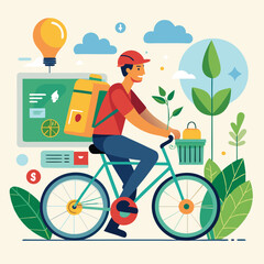Eco Friendly Delivery Man Riding Bicycle with Plants