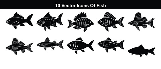 Obraz premium Ten stylish black fish icons ideal for aquatic themes and marine design projects
