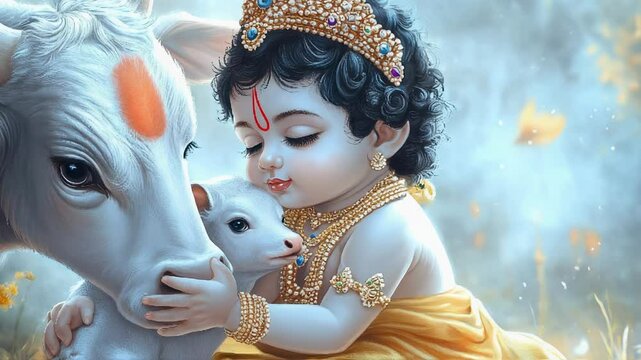 A heartwarming and tender interaction between a curious child Krishna and a gentle calf, showcasing pure innocence and love