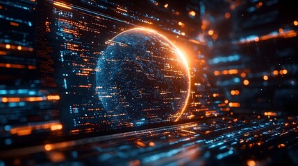 Futuristic global cyber landscape with dynamic data visualization