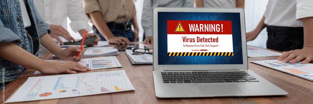 Leinwandbilder virus warning alert on computer screen detected brisk cyber threat , hacker, computer virus and malw
