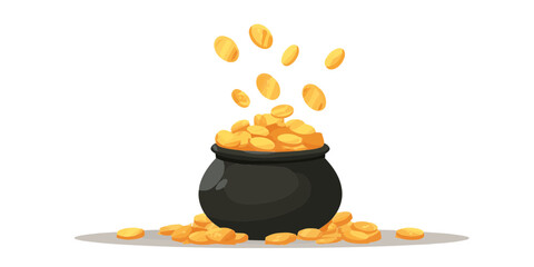 Black pot with gold coins mid fall on white background
