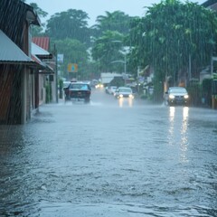 Obraz premium Heavy Rain Floods Urban Street with Cars and Torrential Downpour