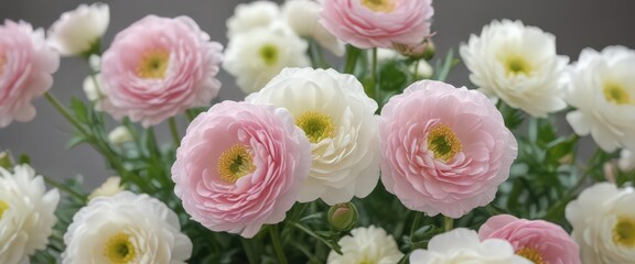 Obraz premium Delicate pink & white ranunculus blossoms, close-up , wallpaper, nature, closeup
