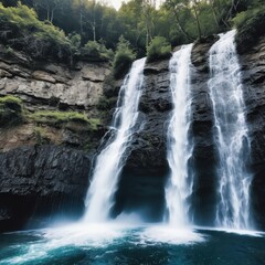 Obraz premium Majestic Waterfalls Cascading Over Rocky Cliffside in Lush Green Forest