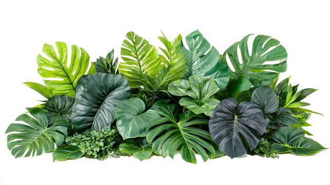 Lush tropical foliage arrangement against a plain background.