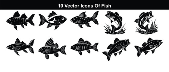 Collection of ten detailed black and white fish vector icons for design and aquatic themes