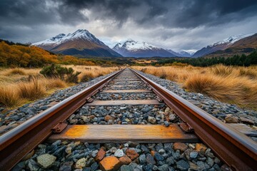 Fototapeta premium Railroad tracks leading into the distance toward majestic snow-covered mountains under a dramatic cloudy sky in a scenic landscape of wild grass and rugged natural beauty