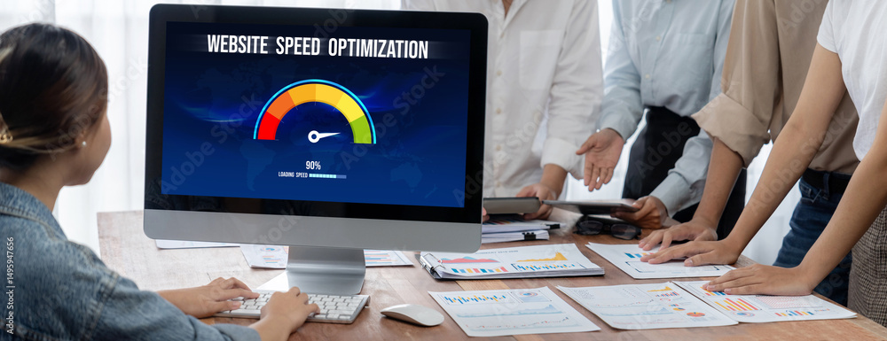 Fototapete Computer software evaluating website loading speed. Concept of improving website loading speed brisk.