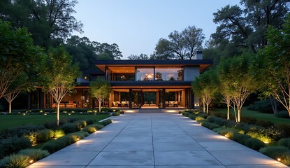 Fototapeta premium Modern Luxurious Private Estate With Glass Walls And Lush Greenery