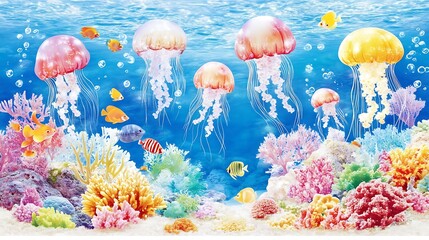 Colorful Jellyfish Coral Reef Scene.