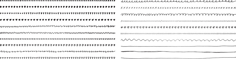 Black Hand drawn ink wavy horizontal lines squiggles set Doodle style sketchy Scribble dividers Stars Lines Hearts Triangles in row Hand drawn underline elements for design emphasis Decorative borders