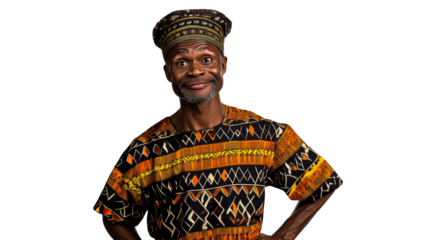 African man in patterned shirt, hat, hands on hips, cutout transparent