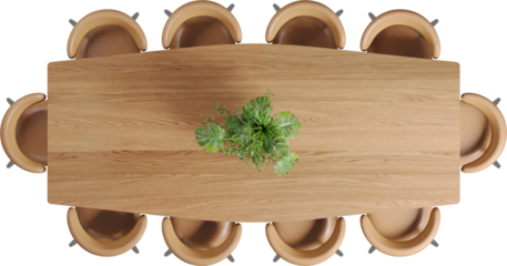 Top view of wooden dining table with chairs	