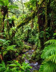Lush jungle scene with a stream flowing through vibrant greenery. Evokes serenity, nature, and travel. Ideal for ecotourism, conservation, or wellness themes.
