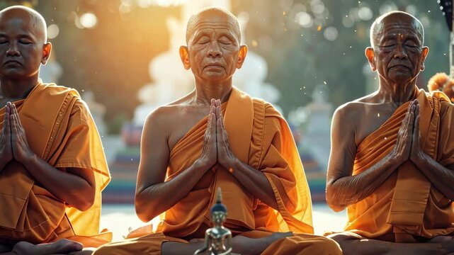 Three asian buddhist monks meditating together outdoors at sunrise in an act of spiritual reflection. concept of meditation, tranquility, peacefulness, spiritual growth