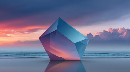 An abstract crystal reflects a vibrant sunset sky with pink and orange hues over a calm ocean on a serene beach creating a visually stunning landscape view.