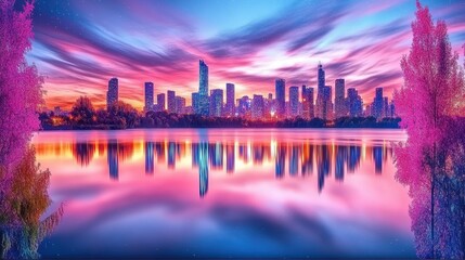 Fototapeta premium Vibrant city skyline reflected in a tranquil water surface.