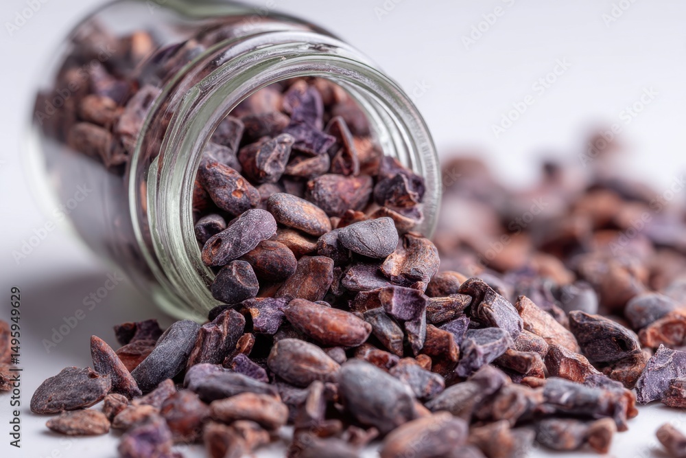 Poster an image of cocoa nibs spilling from a glass jar on a white surface, showing their rich, natural, an