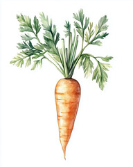 Watercolor Illustration of a Fresh Carrot with Green Leaves