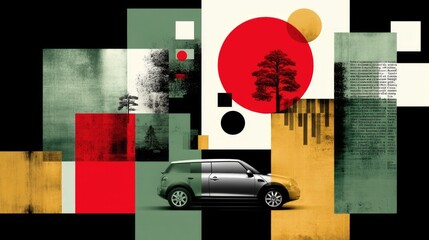 Abstract Geometric Car Design with Bold Color Blocks and Tree Motifs