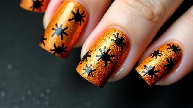 Woman showing halloween orange nails decorated with black spiders