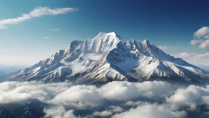 Majestic snow-capped mountain peak towering above the clouds under a clear blue sky, showcasing natural beauty and grandeur.