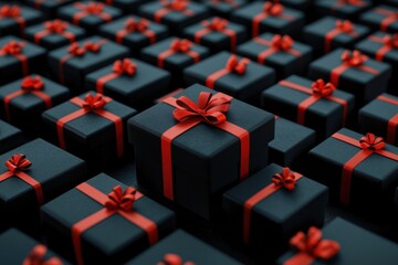 Array of Black Gift Boxes with Elegant Red Ribbons on a Dark Surface