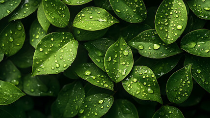 Fototapeta premium Close-up of lush green leaves covered in water droplets.