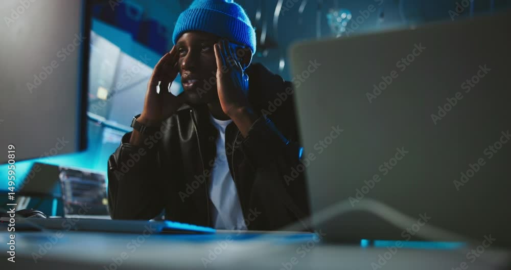 Poster Stress, hacker and black man with mistake, computer and risk for crisis, online detection and failure. Headache, programmer and worried person with anxiety for ransomware, error and spying in office