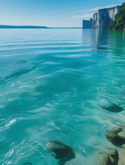 Serene turquoise waters reflecting cliffs under a clear sky create a tranquil and picturesque landscape.