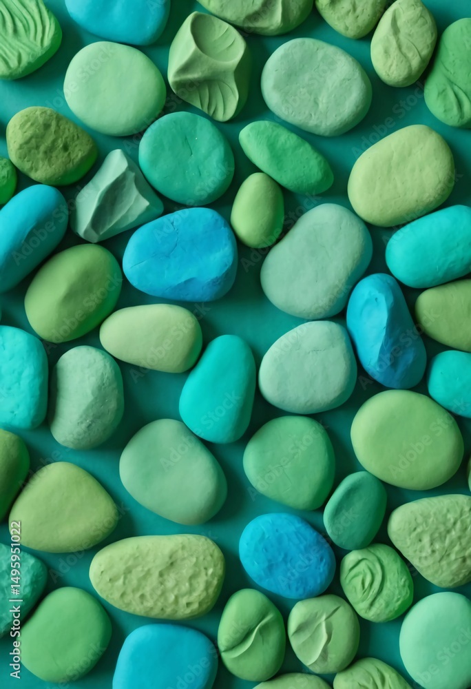 Poster brightly colored amazonite stones spread across a textured surface, displaying an array of bluish gr