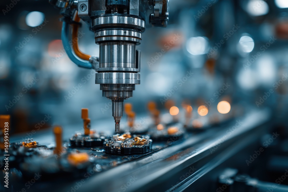 Poster close up of a robotic arm working on a circuit board, demonstrating high-tech precision and advanced