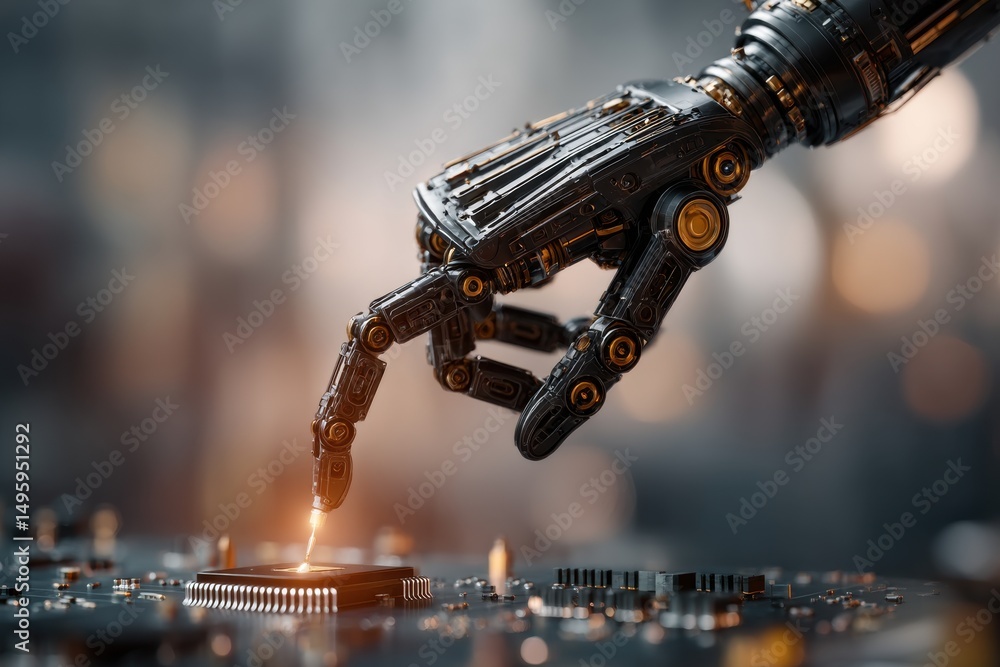 Poster a futuristic robotic hand touching a microchip on a circuit board, showcasing technological innovati