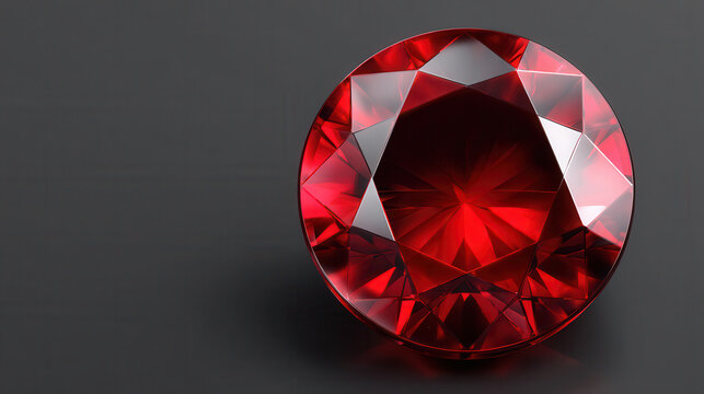 A beautifully faceted red ruby gemstone catches the light, reflecting vibrant color and showcasing its brilliance against a smooth, dark gray background surface.